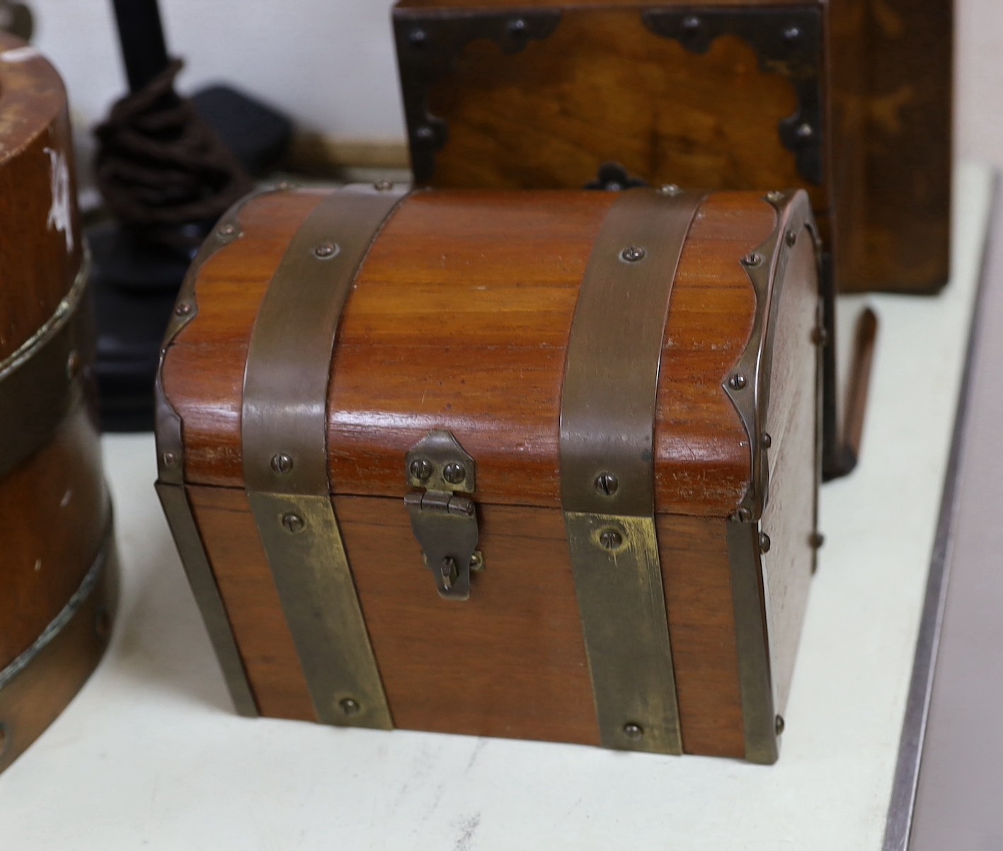 A Victorian four bottle decanter box with brass mounts, a similar 2 bottle box and two other boxes